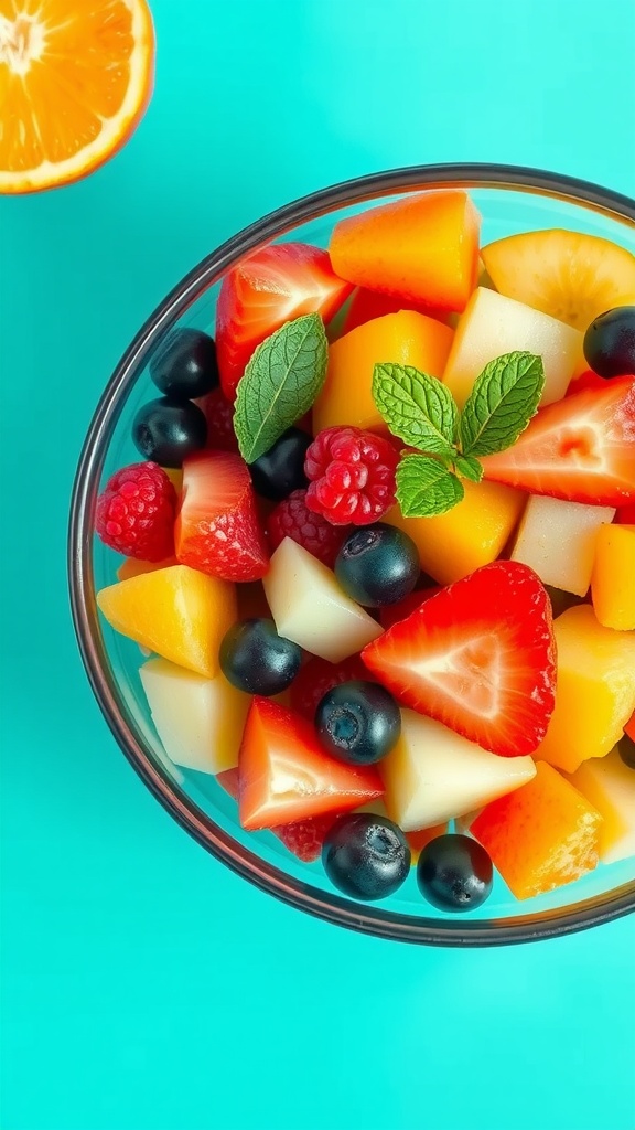 A colorful bowl of mixed fruit salad featuring strawberries, blueberries, raspberries, cantaloupe, pineapple, and mint.