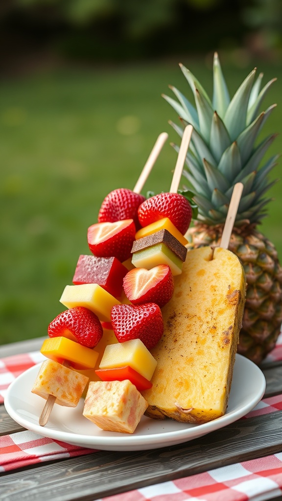 Colorful fruit skewers with strawberries, pineapple, melon, mango, and kiwi on a plate