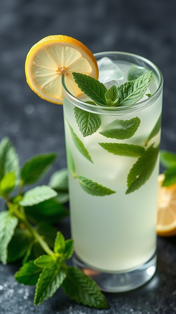 A refreshing glass of lemonade with fresh mint leaves and lemon slices.