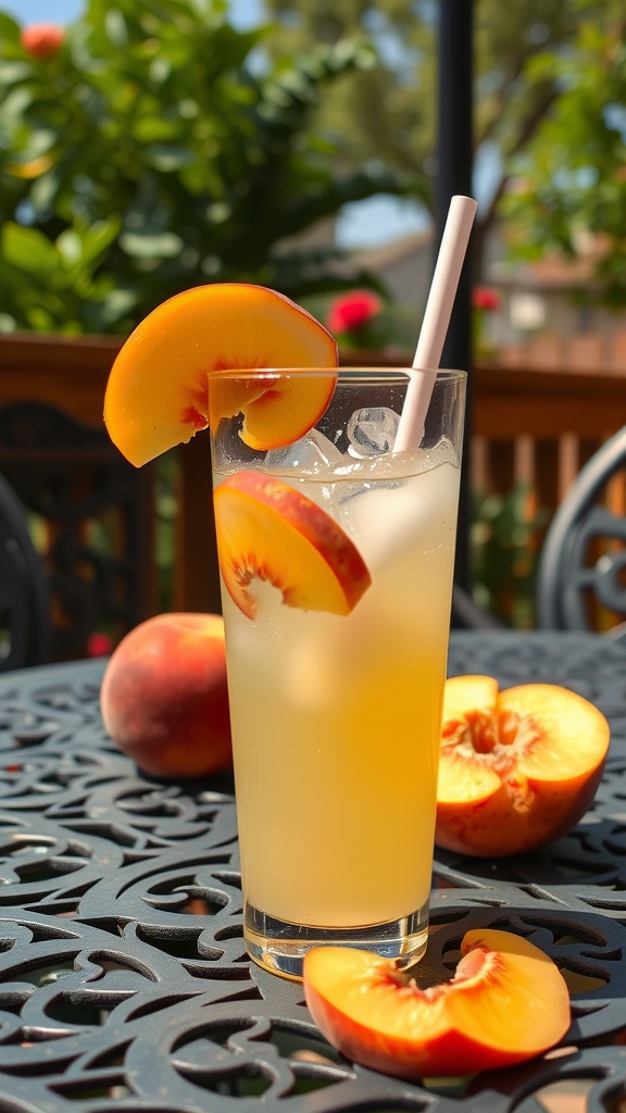 A refreshing glass of peach lemonade with peach slices on the rim.