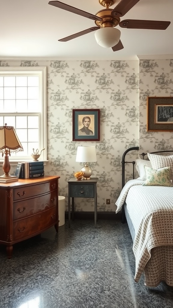 A vintage bedroom featuring modern epoxy flooring, blue walls, and stylish wooden furniture.