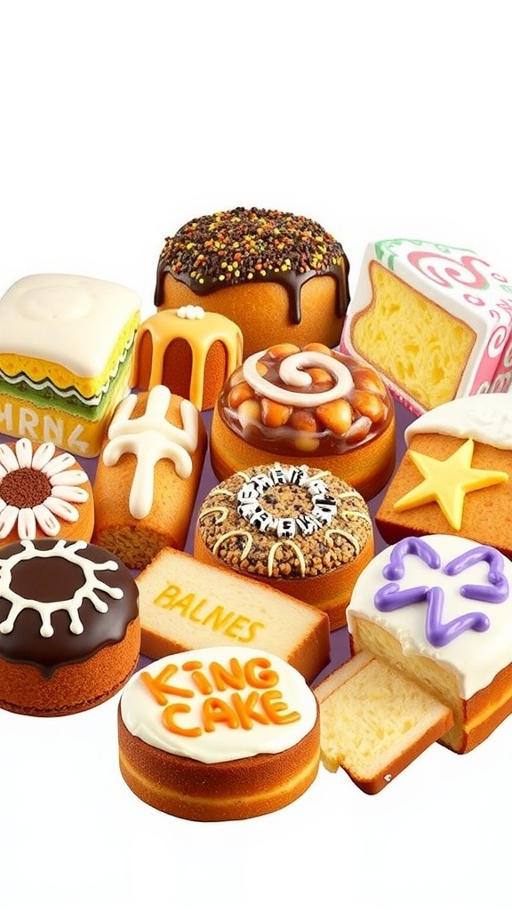 A collection of various King Cakes featuring vibrant colors and decorations.