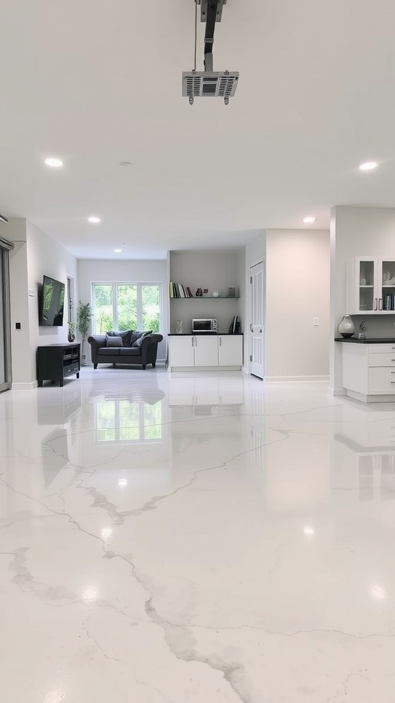 A bright living room featuring white and grey epoxy floors with modern furniture.