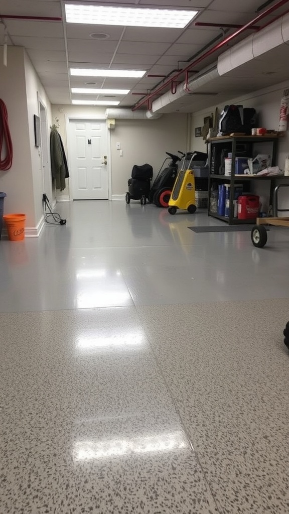 A game room basement with black and white seamless epoxy flooring, featuring neon lights and arcade machines.