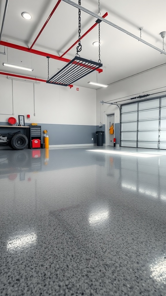 A cracked garage floor showing a significant fissure running across the surface.