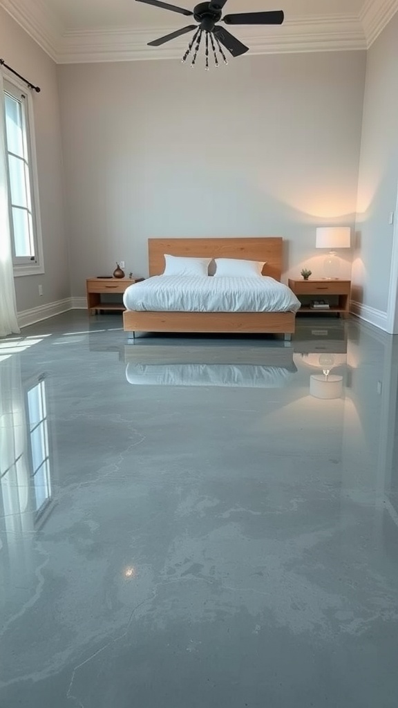 Bright and clean epoxy floor in a bedroom, showing the potential for repairs and maintenance.