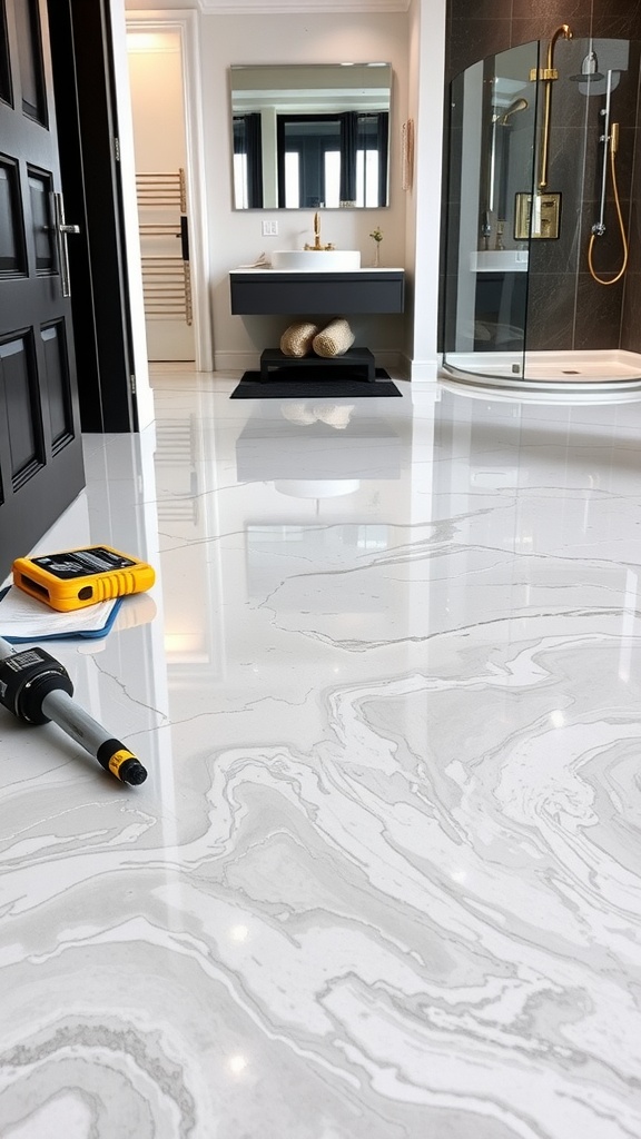 Modern bathroom with high-gloss epoxy floor, showcasing a sleek design and a repair tool nearby.