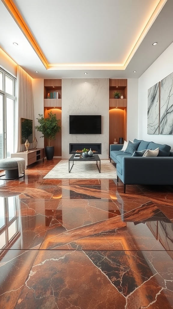 A worker repairing a crack in a marble metallic epoxy floor using a drill.