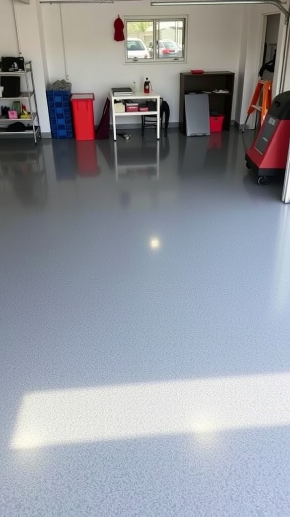 A person repairing a crack in an epoxy garage floor with a brush.