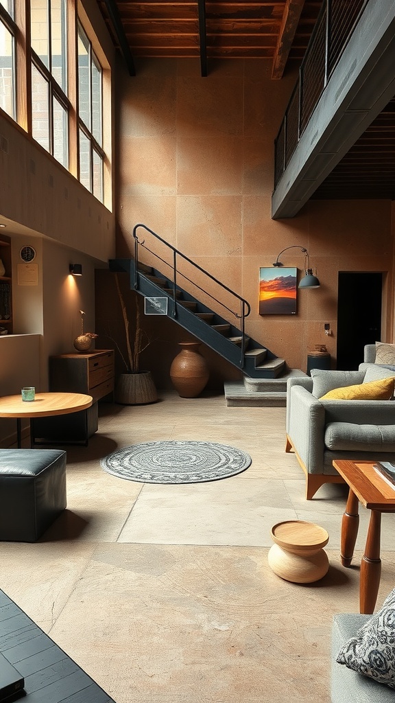 A person applying gray epoxy paint to a concrete floor in a modern living space.