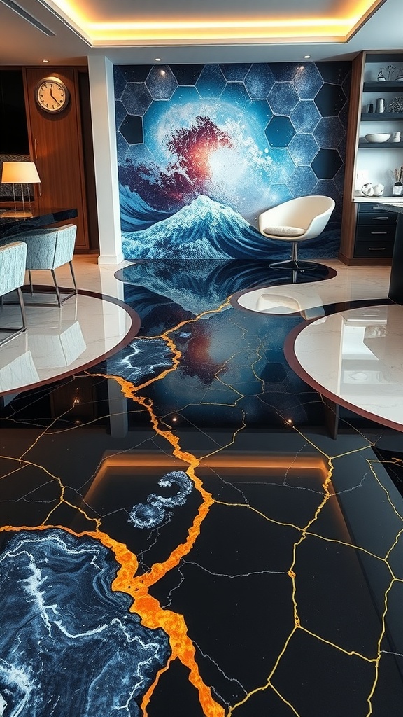 A modern living space with a striking 3D epoxy floor design featuring lava and ocean wave patterns.