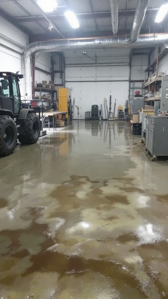 Spacious industrial area with a clean epoxy-coated floor and heavy machinery.