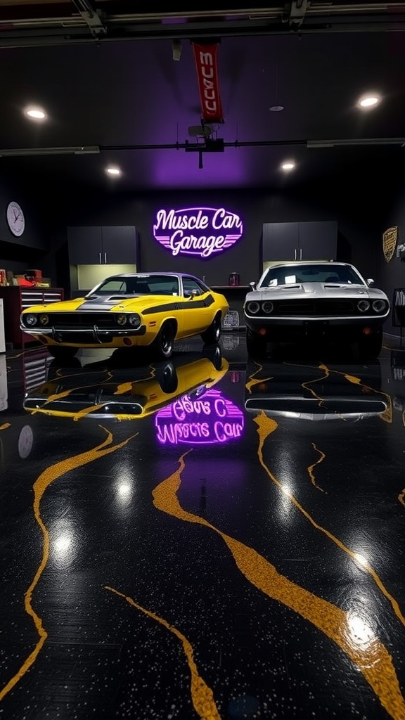 A spacious garage with a light grey epoxy floor, showcasing storage solutions and tools.