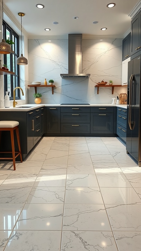 A modern kitchen featuring colorful epoxy flooring with swirling patterns and sleek wooden furniture.