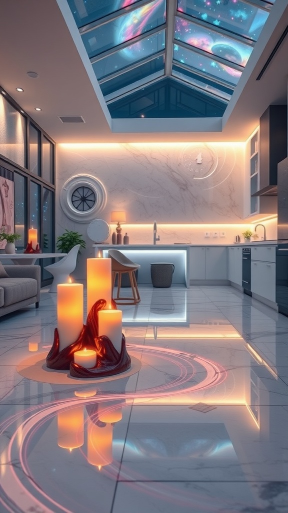 A modern kitchen with resin candle holders glowing on a reflective epoxy floor, showcasing a futuristic design.