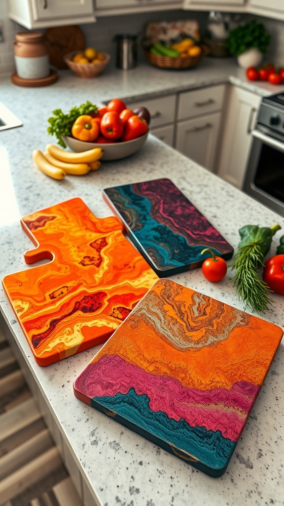 A modern kitchen featuring a vibrant resin cutting board and colorful epoxy flooring