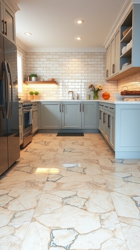 A stylish kitchen featuring vibrant resin drawer pulls and a unique epoxy floor design.