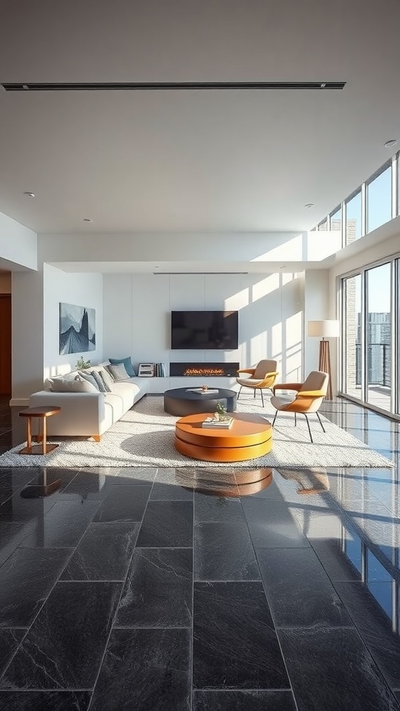 A modern living space with resin flooring featuring embedded natural stones and stylish decor.