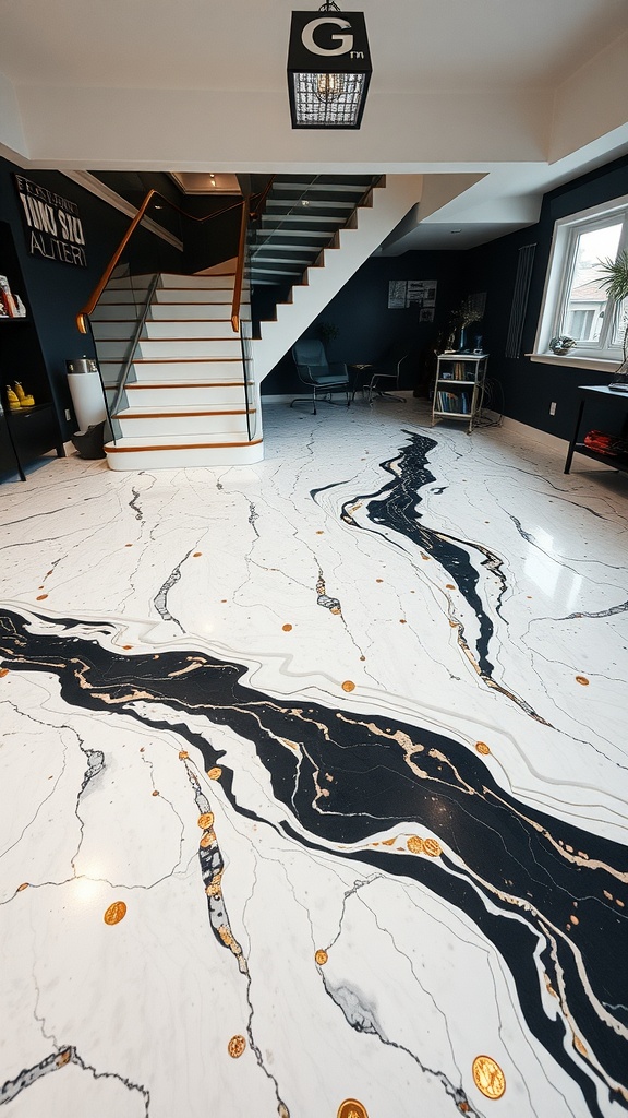 Elegant epoxy resin flooring featuring a white and gold marble design with dark accents and embedded gold elements.