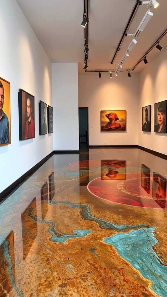 Interior with resin infused epoxy floor featuring decorative stones and a modern aesthetic