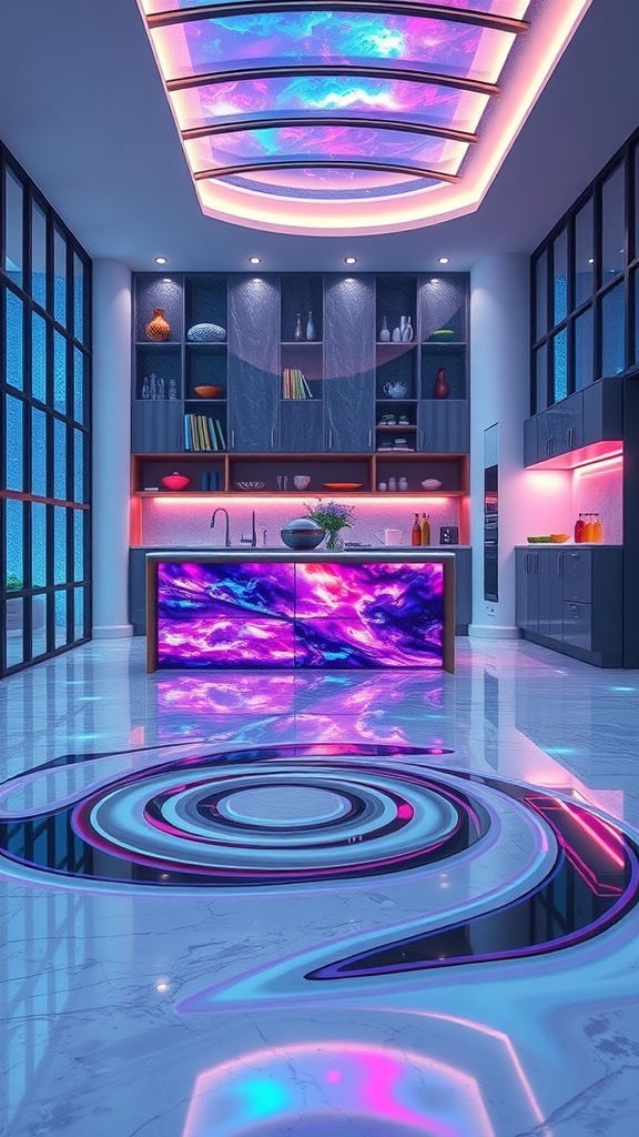 A modern kitchen featuring a vibrant resin floor with swirling patterns and a luminous ceiling.