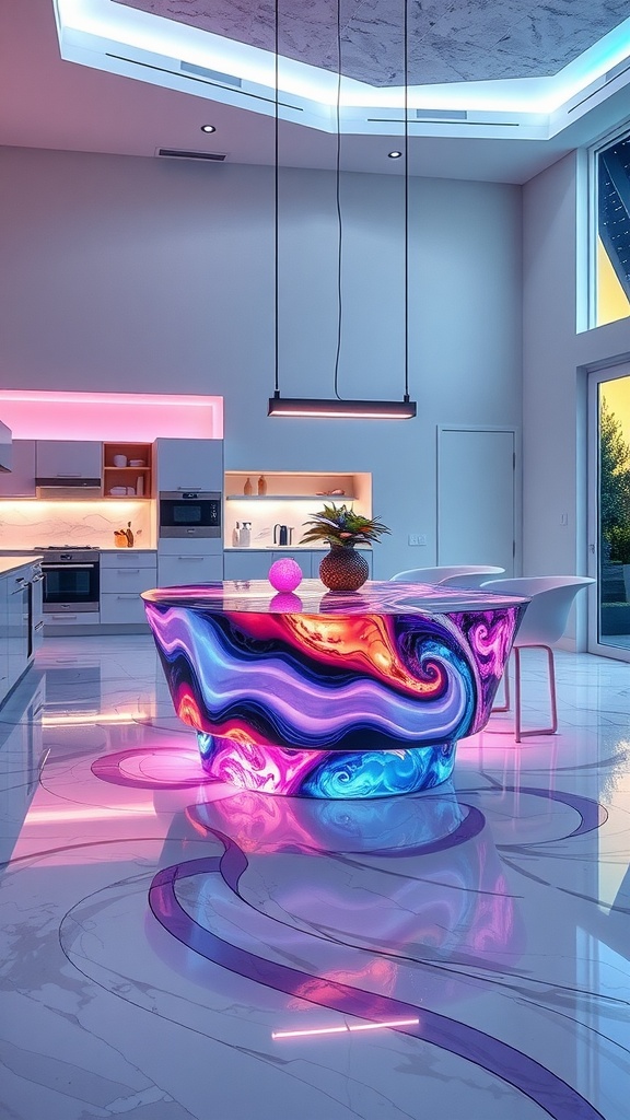 A vibrant resin kitchen island with swirling patterns and colorful lighting, complemented by glossy epoxy floors.