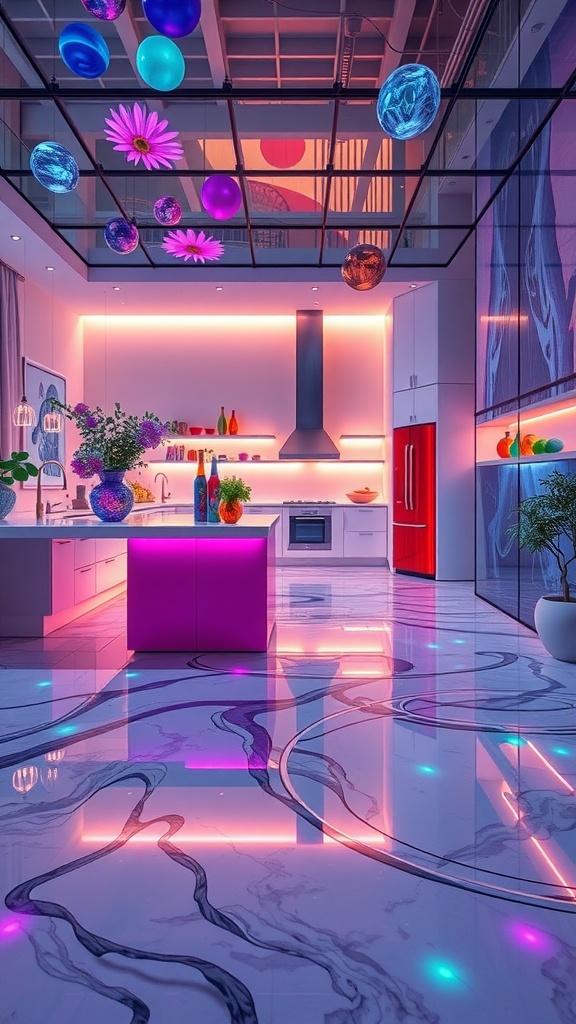 A modern resin kitchen with colorful epoxy floors and vibrant decor.