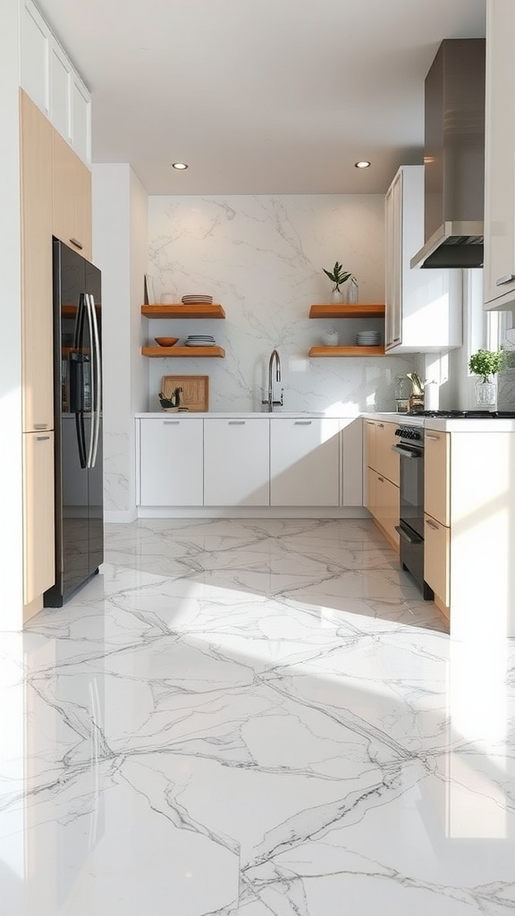 A modern kitchen featuring vibrant swirling epoxy floors, sleek cabinetry, and unique lighting fixtures.