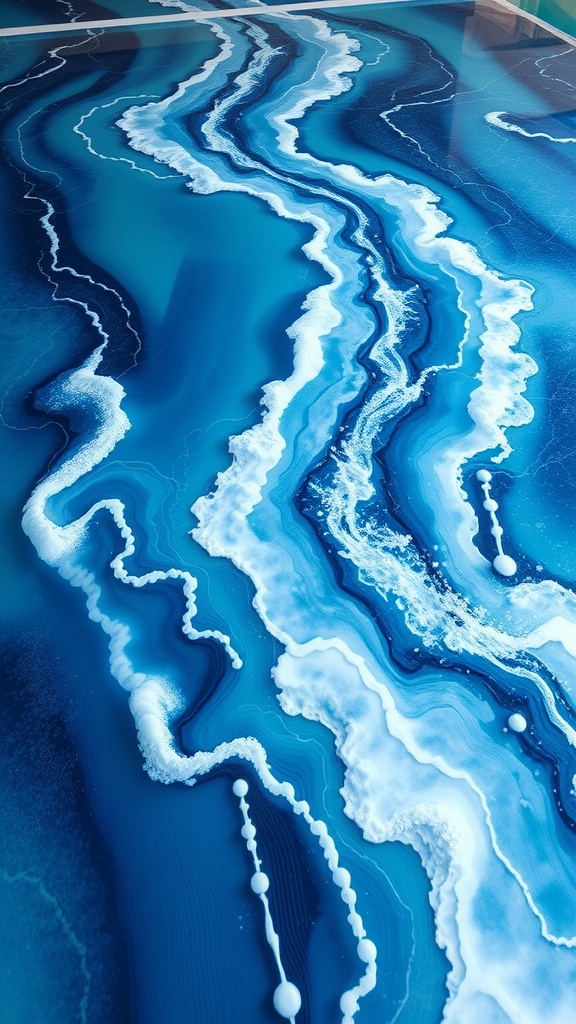 A stunning epoxy resin floor design with a flowing river pattern and embedded stones.