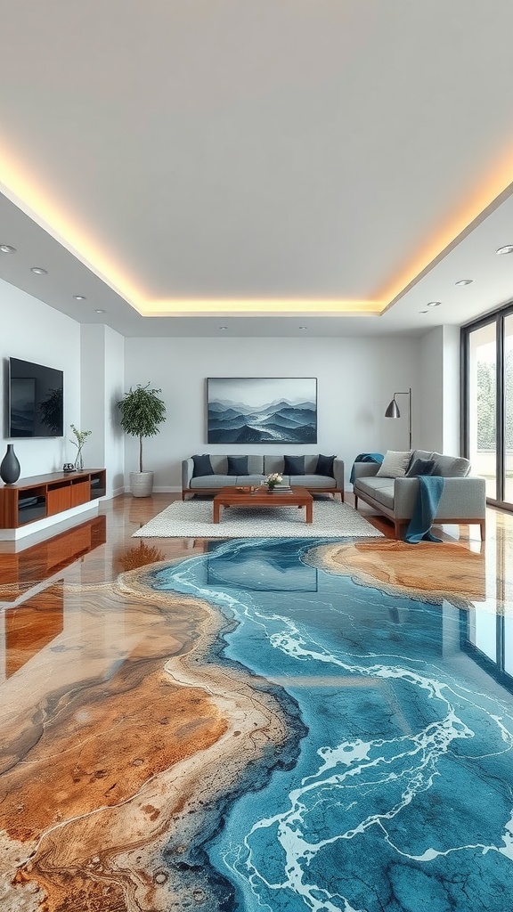 A living room featuring a resin river epoxy floor design that mimics a flowing river with rocks.
