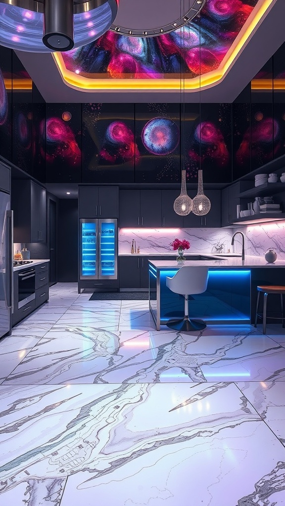 A modern kitchen featuring glossy resin tile flooring with a marble design, illuminated by colorful lights and a cosmic-themed ceiling.
