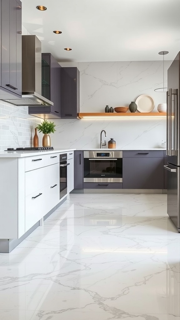 A modern kitchen featuring vibrant resin wall art and glossy epoxy floors, illuminated by sleek lighting.