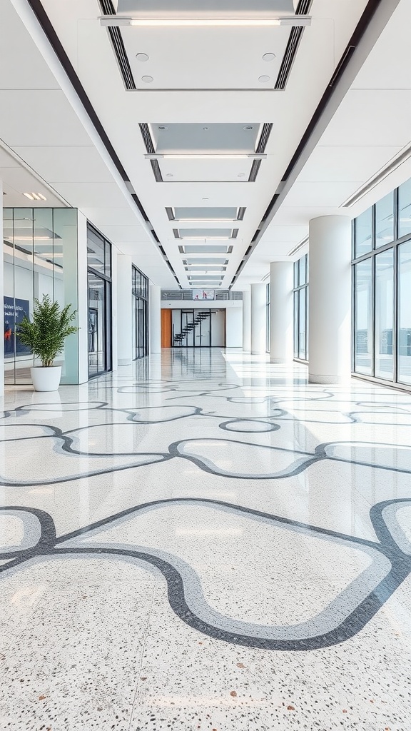 A well-lit hallway with a glossy epoxy floor featuring intricate designs.