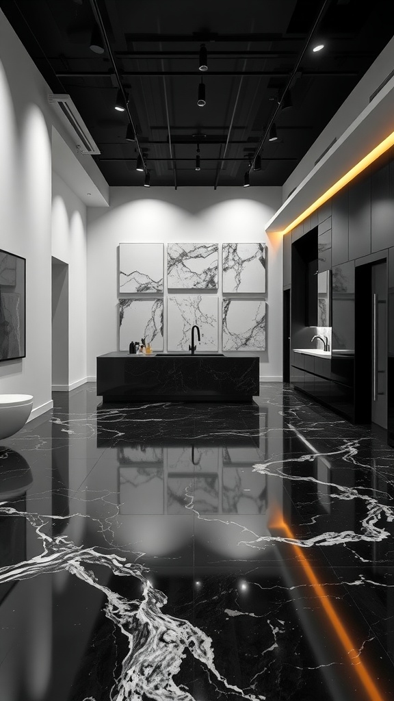 Modern kitchen with black epoxy floor featuring white veining, showcasing a luxurious aesthetic.