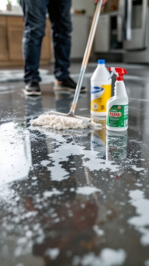 A person mopping a floor with cleaning supplies nearby.
