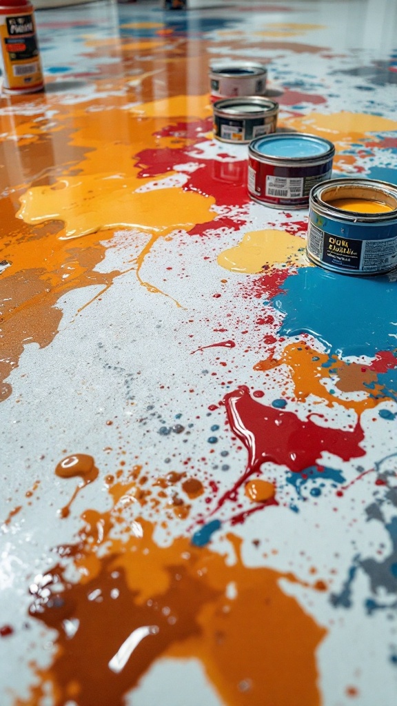 Colorful floor with paint splashes and cans, representing epoxy floor coating.