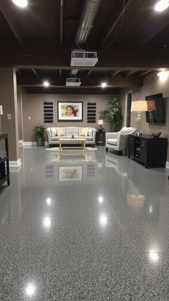 A smooth epoxy floor with water flowing across its surface, demonstrating resistance to moisture.