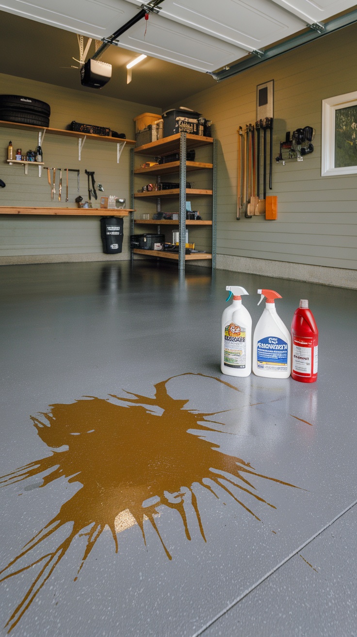 A clean epoxy garage floor with a paint spill and cleaning products for maintenance.
