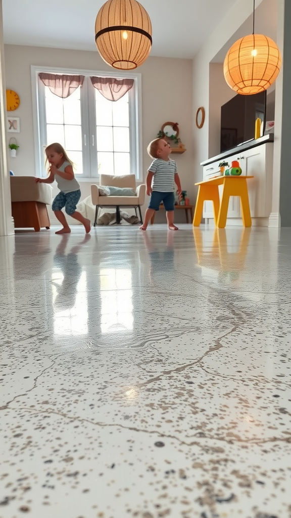 A kitchen with a spilled liquid on an epoxy floor, showcasing its resistance to stains.