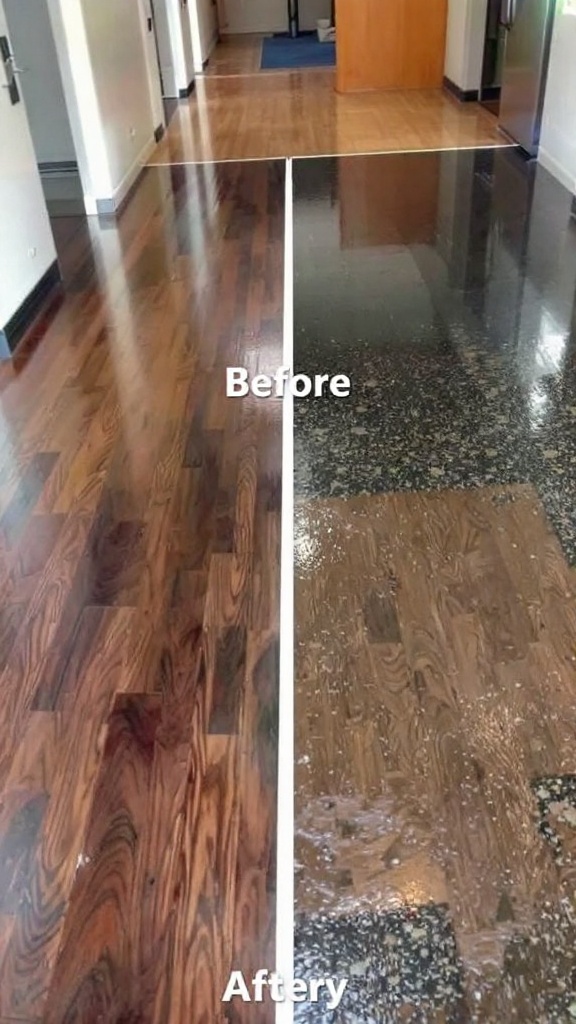 Before and after comparison of a floor showing resistance to stains and scratches.