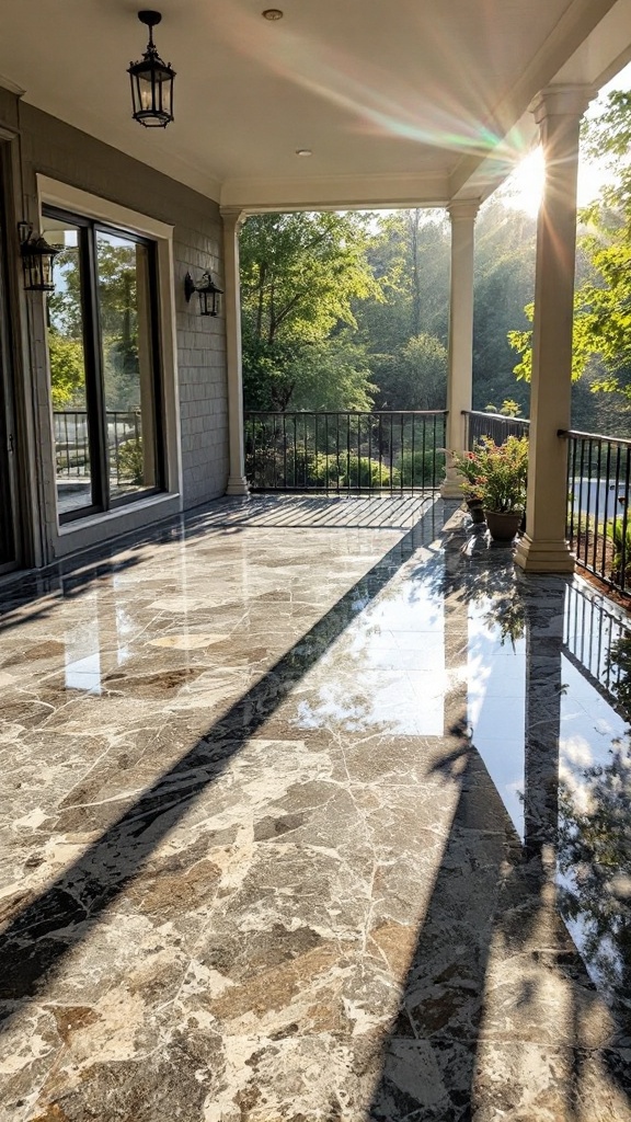 Outdoor area with glossy flooring reflecting sunlight