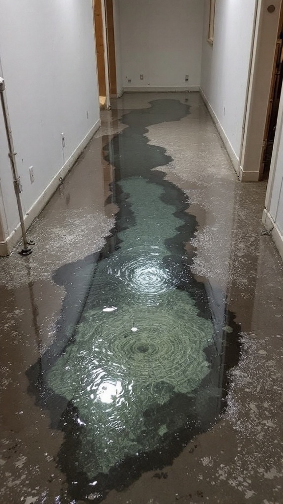 A hallway with water pooling on the floor, showcasing potential water damage.