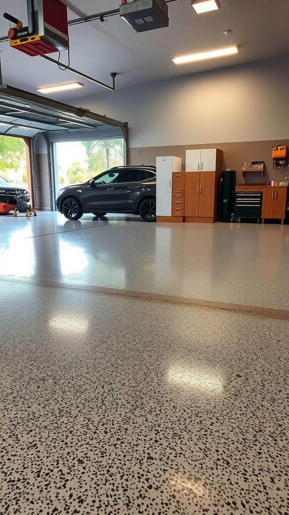 A modern garage with a speckled epoxy floor, featuring a car and organized storage.