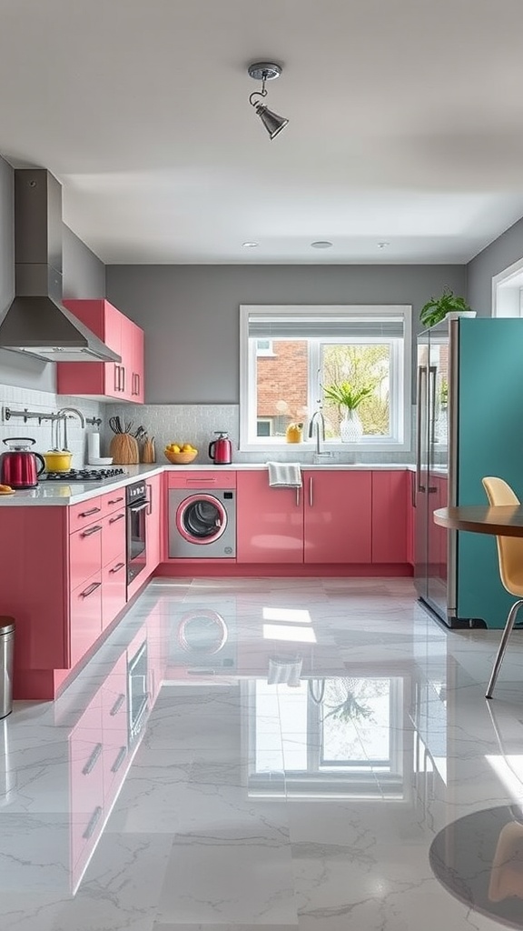 A vibrant retro-inspired epoxy floor in a modern kitchen featuring colorful patterns and designs.