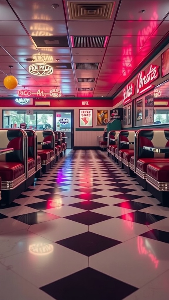 A retro checkerboard epoxy floor featuring black and white tiles, illuminated by colorful neon lights in a diner setting.