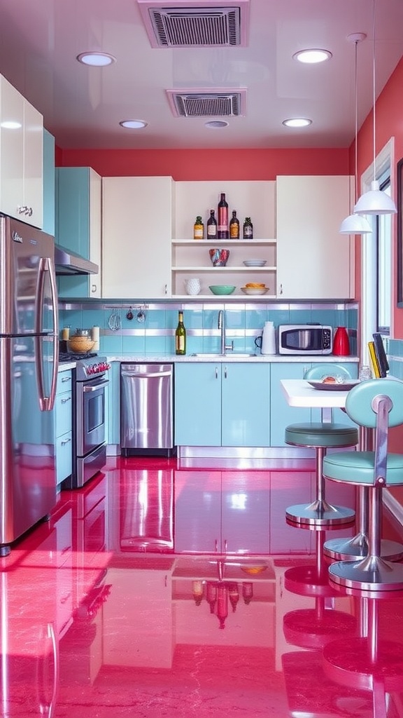 A modern kitchen featuring a retro checkerboard epoxy floor in black and white tiles, with sleek cabinets and stylish decor.