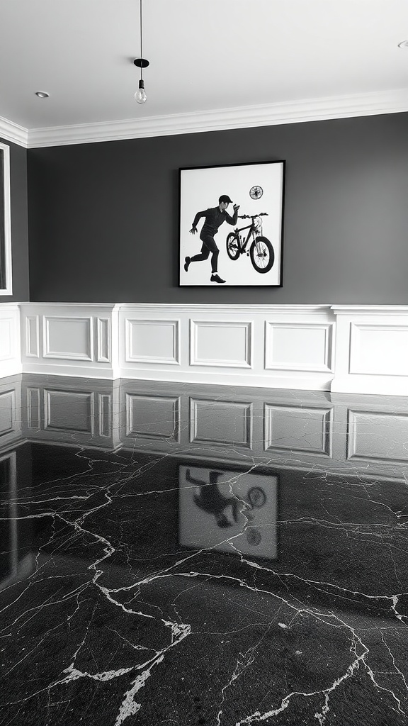 A modern kitchen with a black and white checkerboard epoxy floor design featuring marble effects.