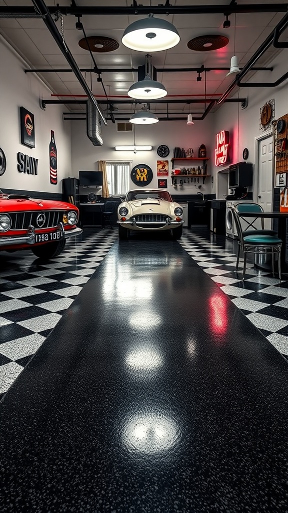 A stylish garage featuring a retro checkerboard epoxy floor design with classic cars.