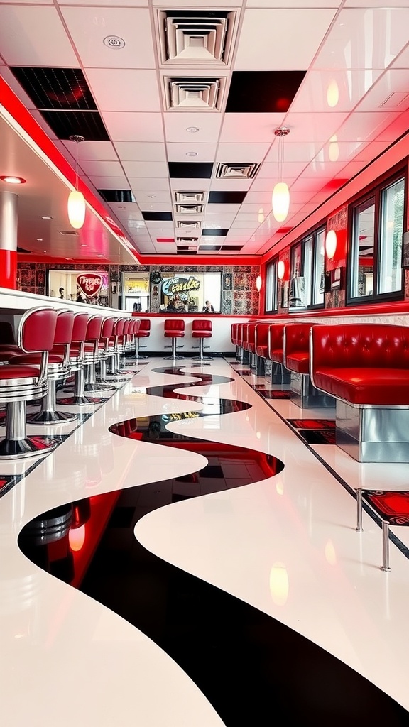 Interior of a modern kitchen with a retro checkerboard epoxy floor featuring black and white tiles.