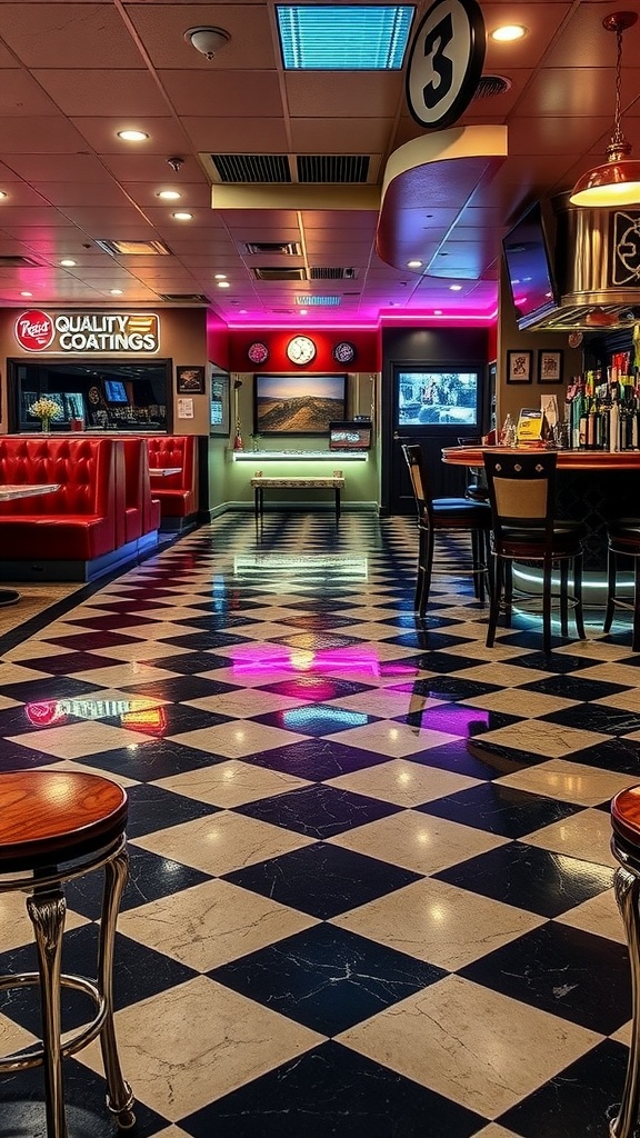 A vibrant retro checkerboard epoxy floor in a stylish bar setting.